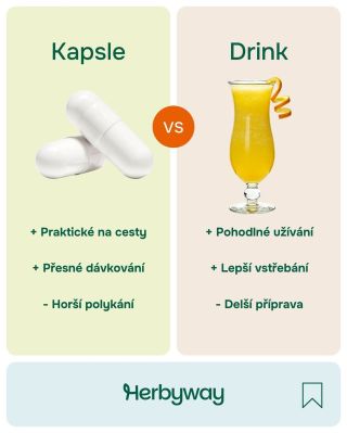 💊 Kapsle vs. 🥤 Drink – co je pro Vás lepší? Obě formy mají své výhody – záleží, co Vám víc vyhovuje 👇 Kapsle ✅ Praktické...